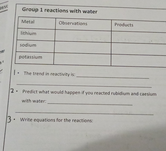 lesc 
Group 1 reactions with water 
her 
_ 
The trend in reactivity is: 
_ 
2 • Predict what would happen if you reacted rubidium and caesium 
with water: 
_ 
_ 
3 • Write equations for the reactions: