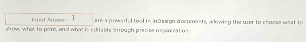 Input Answer I are a powerful tool in InDesign documents, allowing the user to choose what to 
show, what to print, and what is editable through precise organization.