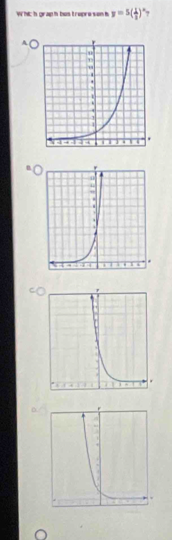 Whih graph bos tropre son i y=5( 1/3 )^x ? 
A