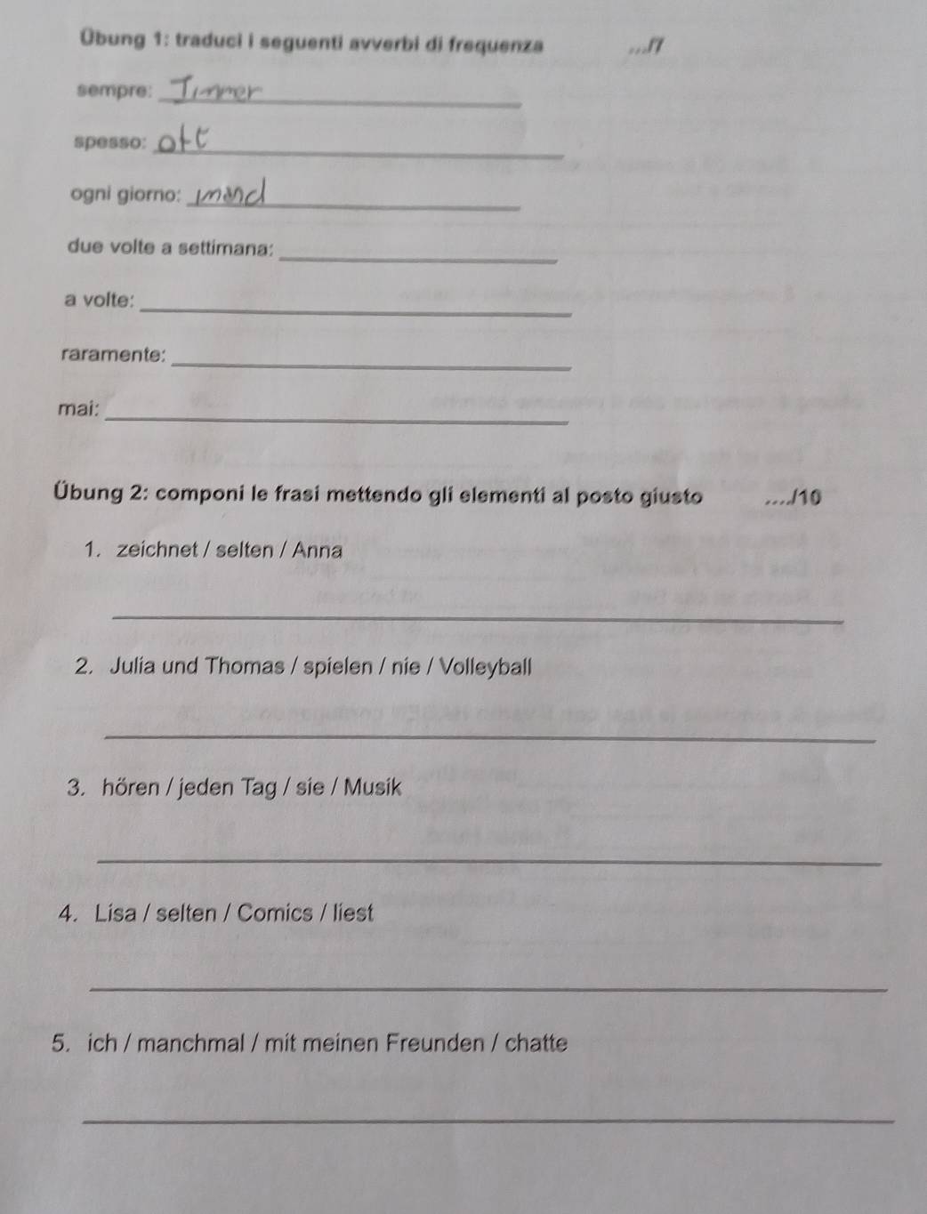 Obung 1: traduci i seguenti avverbi di frequenza 
sempre:_ 
spesso:_ 
ogni giorno:_ 
_ 
due volte a settimana: 
a volte:_ 
_ 
raramente: 
mai:_ 
Übung 2: componi le frasi mettendo gli elementi al posto giusto ../10 
1. zeichnet / selten / Anna 
_ 
2. Julia und Thomas / spielen / nie / Volleyball 
_ 
3. hören / jeden Tag / sie / Musik 
_ 
4. Lisa / selten / Comics / liest 
_ 
5. ich / manchmal / mit meinen Freunden / chatte 
_