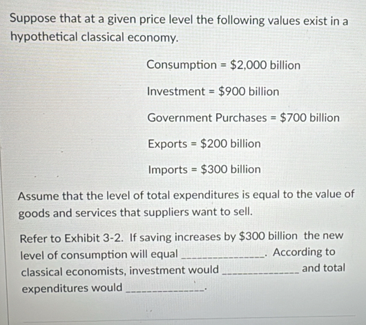 Suppose that at a given price level the following values exist in a 
hypothetical classical economy. 
Consumption =$2,000 billion
Investment =$900billi or
Government Purchases =$700billion
E* D borts =$200 bill ion 
Imports =$300billion
Assume that the level of total expenditures is equal to the value of 
goods and services that suppliers want to sell. 
Refer to Exhibit 3-2. If saving increases by $300 billion the new 
level of consumption will equal _. According to 
classical economists, investment would _and total 
expenditures would_ 
.