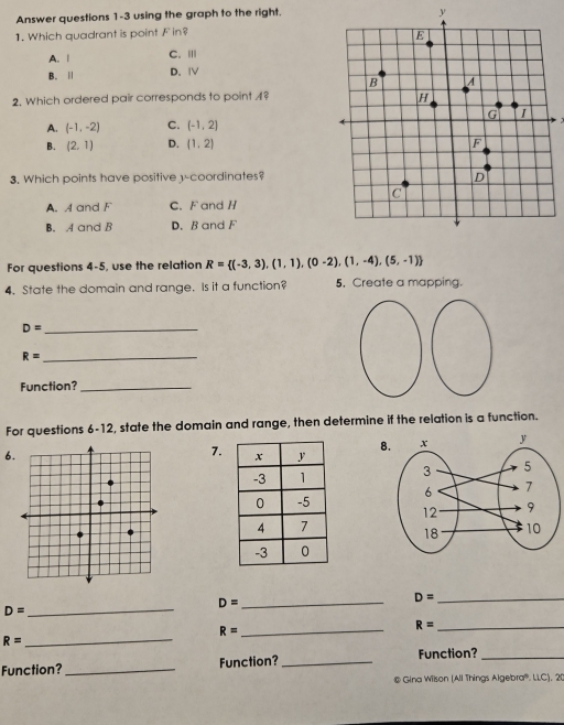 Answer questions 1-3 using the graph to the right.
y
1. Which quadrant is point F in?
A. | C. I
B. | D. Ⅳ
2. Which ordered pair corresponds to point 1?
A. (-1,-2) C. (-1,2].
B. (2,1) D. (1,2)
3. Which points have positive y-coordinates?
A. A and F C. F and H
B. A and B D. B and F
For questions 4-5, use the relation R= (-3,3),(1,1),(0-2),(1,-4),(5,-1)
4. State the domain and range. Is it a function? 5. Create a mapping.
_ D=
_ R=
Function?_
For questions 6-12, state the domain and range, then determine if the relation is a function.
8
6
7.


_
_ D=
_ D=
D=
_
R=
_ R=
R=
_
Function? Function? Function?_
@ Gina Wilson (All Things Algebra'''. LLC), 20