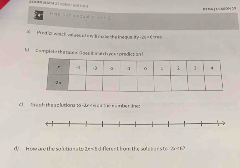 ZEARN MATH STUDENT EDITION 
G7M6 | LESSON 15 
Here is an inequality: -2x<6</tex>. 
a) Predict which values of x will make the inequality -2x<6</tex> true. 
b) Complete the table. Does it match your prediction? 
c) Graph the solutions to -2x<6</tex> on the number line: 
d) How are the solutions to 2x<6</tex> different from the solutions to -2x<6</tex> ?