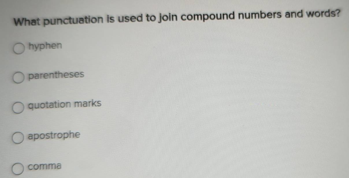 What punctuation is used to join compound numbers and words?
hyphen
parentheses
quotation marks
apostrophe
comma