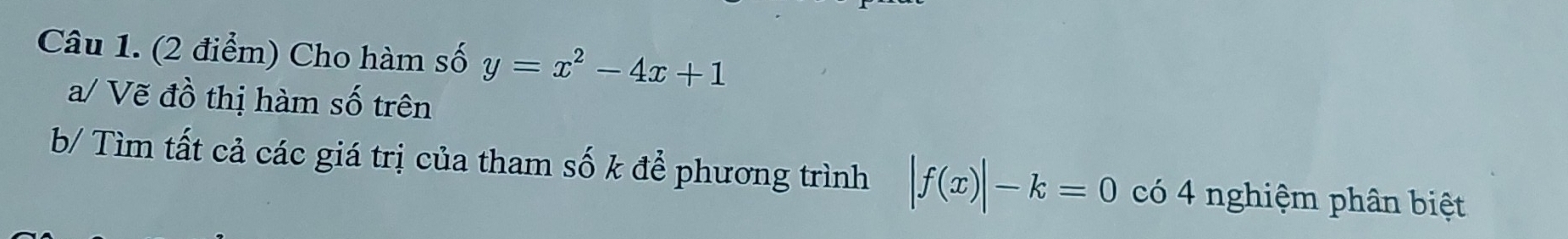 Cho hàm số y=x^2-4x+1
a/ Vẽ đồ thị hàm số trên 
b/ Tìm tất cả các giá trị của tham số k để phương trình |f(x)|-k=0 có 4 nghiệm phân biệt