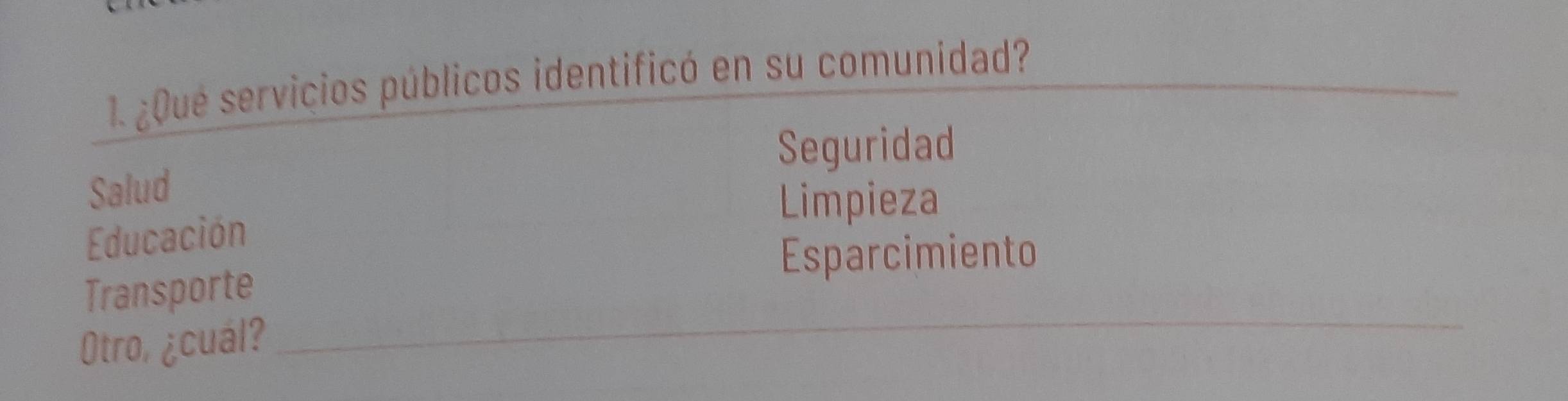 ¿ Qué servicios públicos identificó en su comunidad?
Seguridad
Salud
Limpieza
Educación
Esparcimiento
Transporte
Otro, ¿cual?