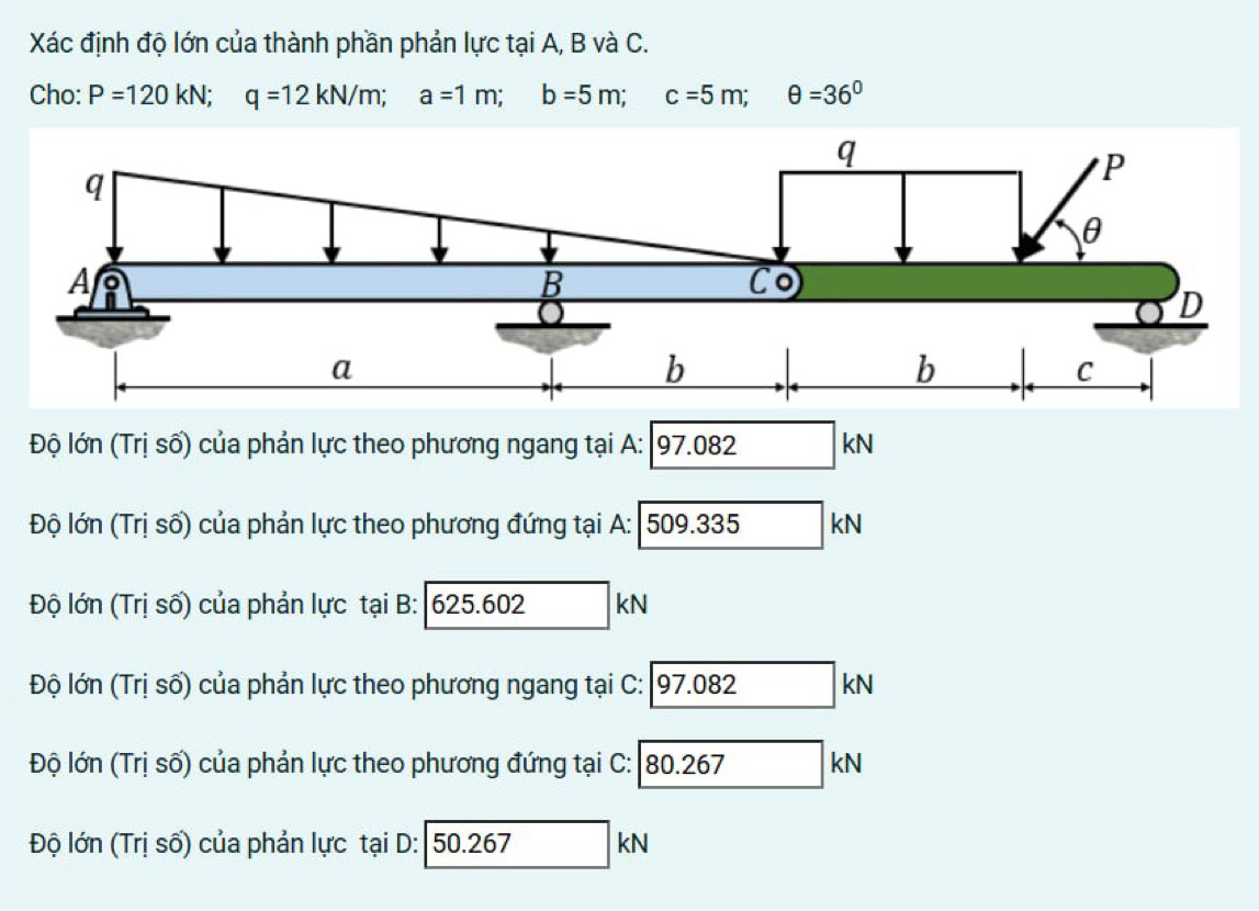 Xác định độ lớn của thành phần phản lực tại A, B và C.
Cho: P=120kN;q=12kN/m;a=1m;b=5m;c=5m;θ =36°
Độ lớn (Trị số) của phản lực theo phương ngang tại A: 97.082 kN
Độ lớn (Trị số) của phản lực theo phương đứng tại A: 509.335 kN
Độ lớn (Trị số) của phản lực tại B: 625.602 kN
Độ lớn (Trị số) của phản lực theo phương ngang tại C: 97.082 kN
Độ lớn (Trị số) của phản lực theo phương đứng tại C: 80.267 kN
Độ lớn (Trị số) của phản lực tại D: 50.267 kN