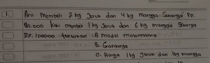 Aril membell 2 kg Jruk dan y Kg mangga Sharga Bp.
80. 000. Kik membell Ikg Jrck don 6 Eg mangga Scharga
RP. 100000 tenturan :A. model matematnieg
B. Grafknya
C. Harga lkg Jeruk dan lkg mangga