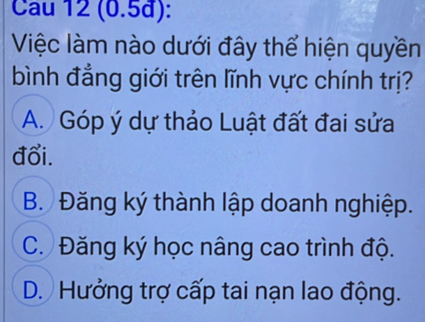 (0.5đ):
Việc làm nào dưới đây thể hiện quyền
bình đẳng giới trên lĩnh vực chính trị?
A. Góp ý dự thảo Luật đất đai sửa
đổi.
B. Đăng ký thành lập doanh nghiệp.
C. Đăng ký học nâng cao trình độ.
D. Hưởng trợ cấp tai nạn lao động.