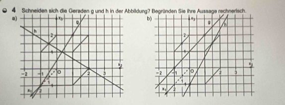 Schneiden sich die Geraden g und h in der Abbildung? Begründen Sie ihre Aussage rechnerisch.
a
b) x_3 g
2
-2 41 ,. 。 2 3
x_1 2