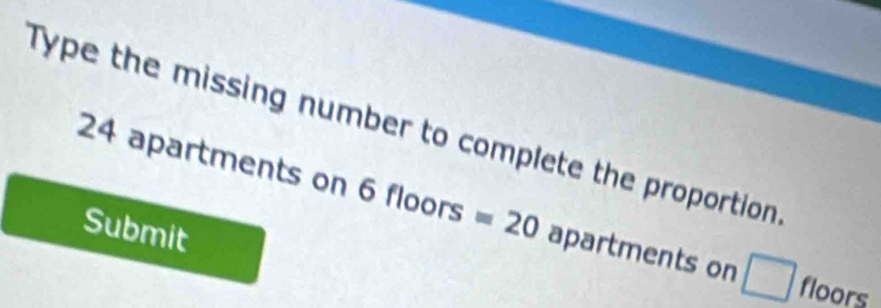 Type the missing number to complete the proportion
24 apartments on 6 floors =20 apartments on □ floors 
Submit