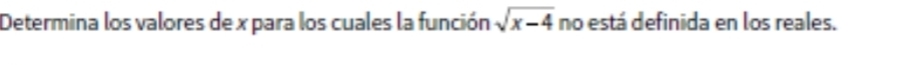 Determina los valores de x para los cuales la función sqrt(x-4) no está definida en los reales.