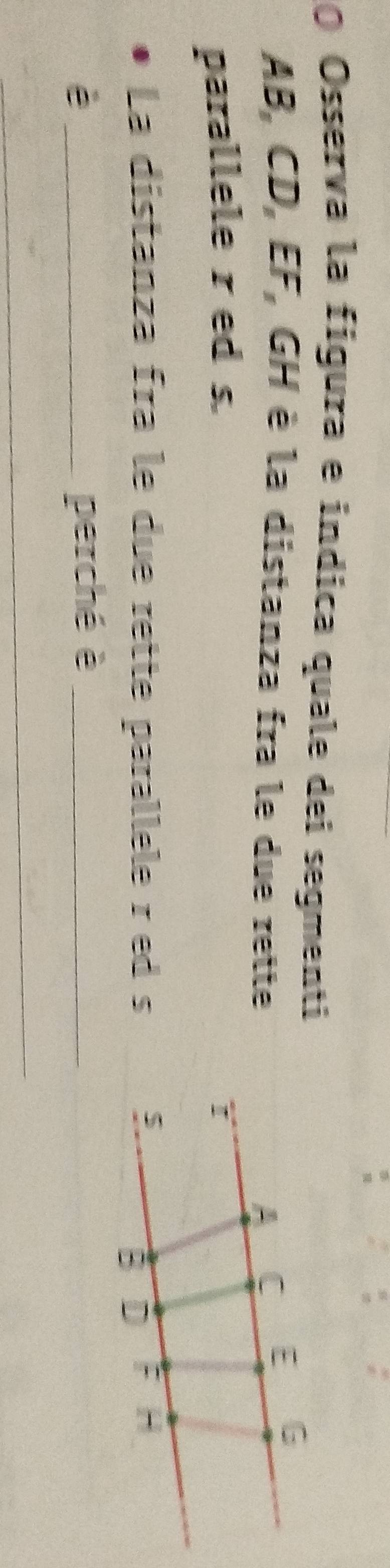 Osserva la figura e indica quale dei segmenti
AB, CD, EF, GH è la distanza fra le due rette 
parallele r ed s. 
La distanza fra le due rette parallele r ed s 
é _perché à_ 
_