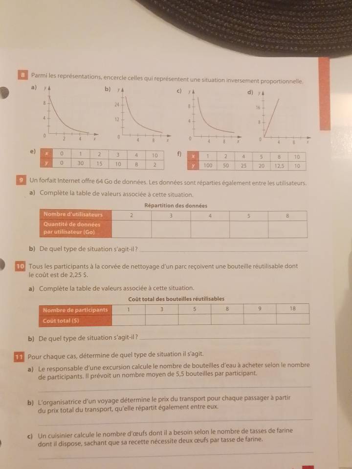 Parmi les représentations, encercle celles qui représentent une situation inversement proportionnelle. 
a)bc) 
d 

9 Un forfait Internet offre 64 Go de données. Les données sont réparties également entre les utilisateurs. 
a) Complète la table de valeurs associée à cette situation. 
b) De quel type de situation s'agit-il ?_ 
10. Tous les participants à la corvée de nettoyage d'un parc reçoivent une bouteille réutilisable dont 
le coût est de 2.25 Š. 
a) Complète la table de valeurs associée à cette situation. 
Coût total des bouteilles réutilisables 
b) De quel type de situation s'agit-il ?_ 
11 Pour chaque cas, détermine de quel type de situation il s'agit. 
a) Le responsable d’une excursion calcule le nombre de bouteilles d'eau à acheter selon le nombre 
de participants. Il prévoit un nombre moyen de 5,5 bouteilles par participant. 
_ 
b) L'organisatrice d’un voyage détermine le prix du transport pour chaque passager à partir 
du prix total du transport, qu'elle répartit également entre eux. 
_ 
c) Un cuisinier calcule le nombre d’œufs dont il a besoin selon le nombre de tasses de farine 
_ 
dont il dispose, sachant que sa recette nécessite deux œufs par tasse de farine.