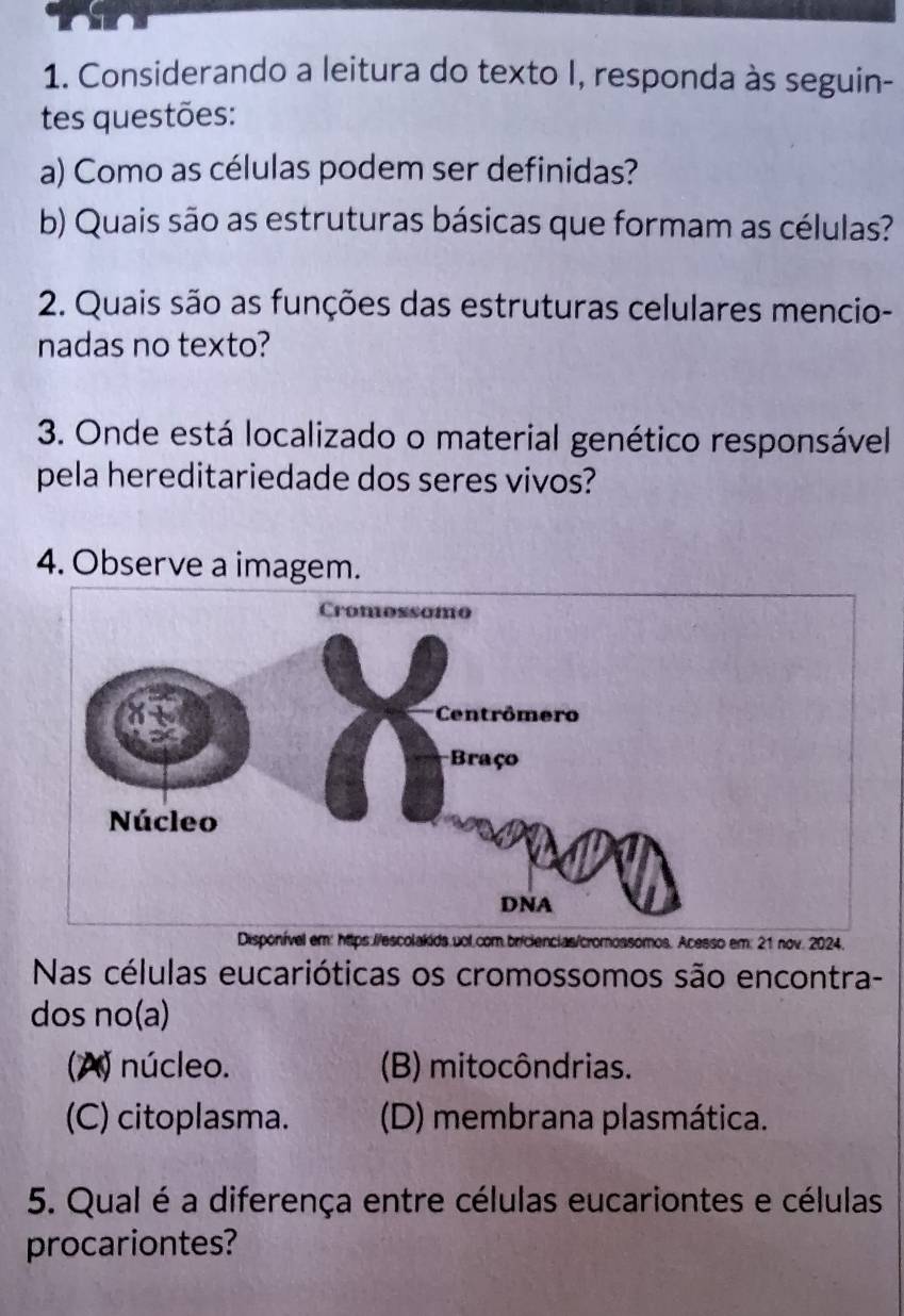 Considerando a leitura do texto I, responda às seguin-
tes questões:
a) Como as células podem ser definidas?
b) Quais são as estruturas básicas que formam as células?
2. Quais são as funções das estruturas celulares mencio-
nadas no texto?
3. Onde está localizado o material genético responsável
pela hereditariedade dos seres vivos?
4. Observe a imagem.
Disponível em: https://escolakids.uol.com.briciencias/cromossomos. Acesso em: 21 nov. 2024.
Nas células eucarióticas os cromossomos são encontra-
dos no(a)
(A) núcleo. (B) mitocôndrias.
(C) citoplasma. (D) membrana plasmática.
5. Qual é a diferença entre células eucariontes e células
procariontes?