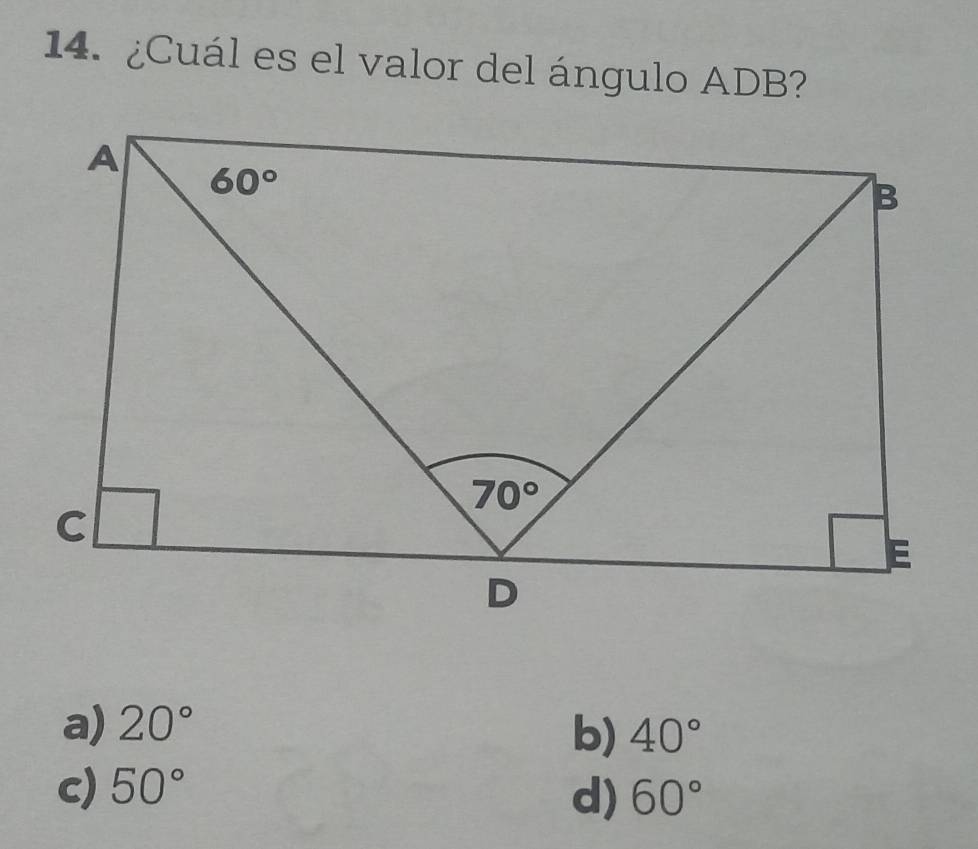 ¿Cuál es el valor del ángulo ADB?
a) 20°
b) 40°
c) 50°
d) 60°