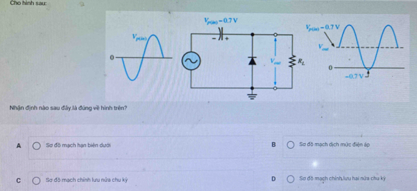 Cho hình sau:
Nhận định nào sau đây.là đúng về hình trên?
A Sơ độ mạch hạn biện dưới B Sơ đồ mạch dịch mức điện áp
C Sơ đồ mạch chính lưu nửa chu kỳ D Sơ đồ mạch chính lưu hai nửa chu kỳ