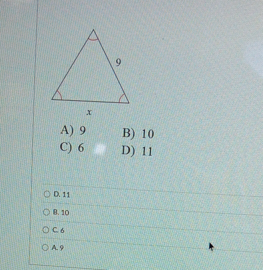 A) 9 B) 10
C) 6 D) 11
D. 11
B. 10
C. 6
A. 9