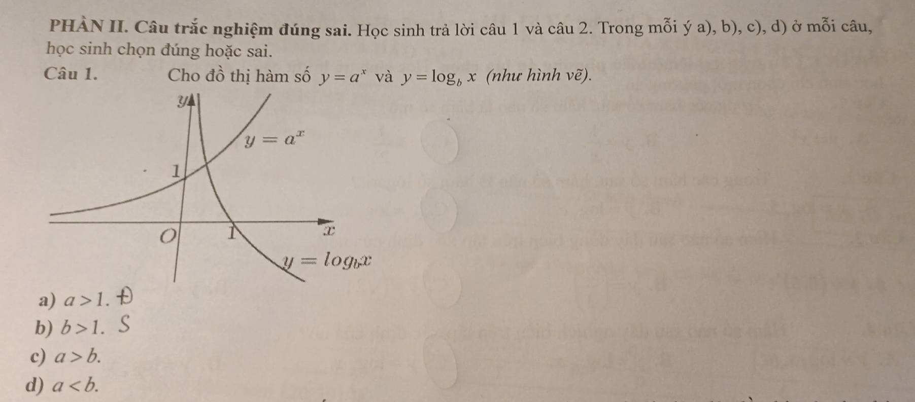 PHÀN II. Câu trắc nghiệm đúng sai. Học sinh trả lời câu 1 và câu 2. Trong mỗi ý a), b), c), d) ở mỗi câu,
học sinh chọn đúng hoặc sai.
Câu 1. Cho đồ thị hàm số y=a^x và y=log _bx (như hình vẽ).
a) a>1
b) b>1.
c) a>b.
d) a