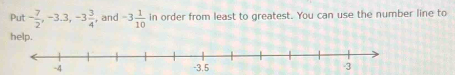 Put - 7/2 , -3.3, -3 3/4  , and -3 1/10  in order from least to greatest. You can use the number line to
help.
-4 -3. 5 -3