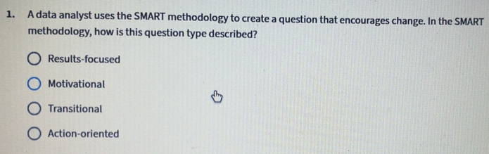 Solved: A data analyst uses the SMART methodology to create a question ...