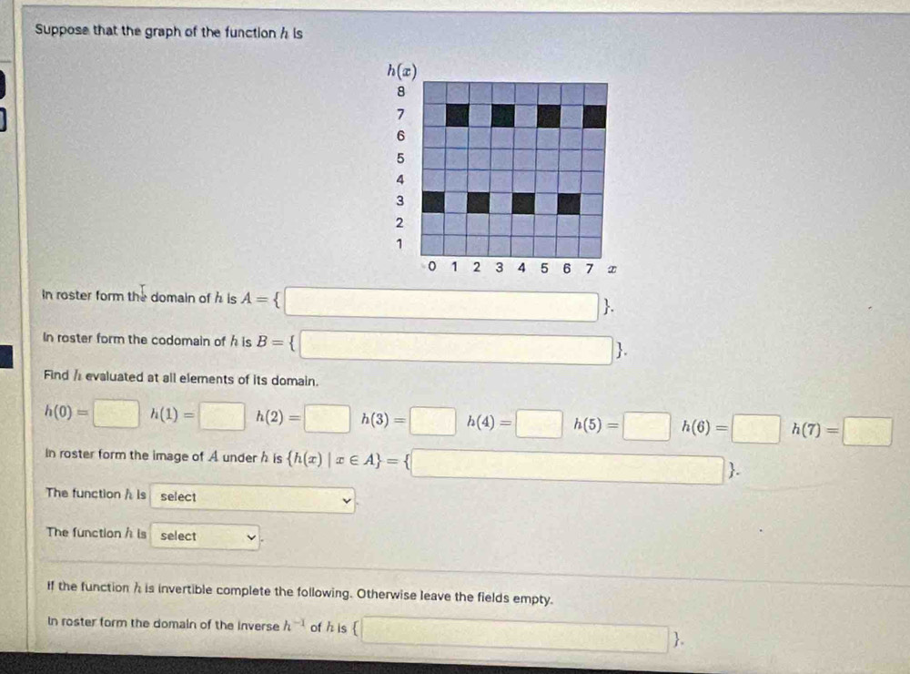 Suppose that the graph of the function h is
h(x)
8
7
6
5
4
3
2
1
0 1 2 3 4 5 6 7
In roster form the domain of h is A= □ . 
In roster form the codomain of h is B= □ . 
Find / evaluated at all elements of its domain.
h(0)=□ h(1)=□ h(2)=□ h(3)=□ h(4)=□ h(5)=□ h(6)=□ h(7)=□
in roster form the image of A underh is  h(x)|x∈ A = □ . 
The function / ls select 
The function h is select 
If the function h is invertible complete the following. Otherwise leave the fields empty. 
In roster form the domain of the inverse h^(-1) of h is □ 