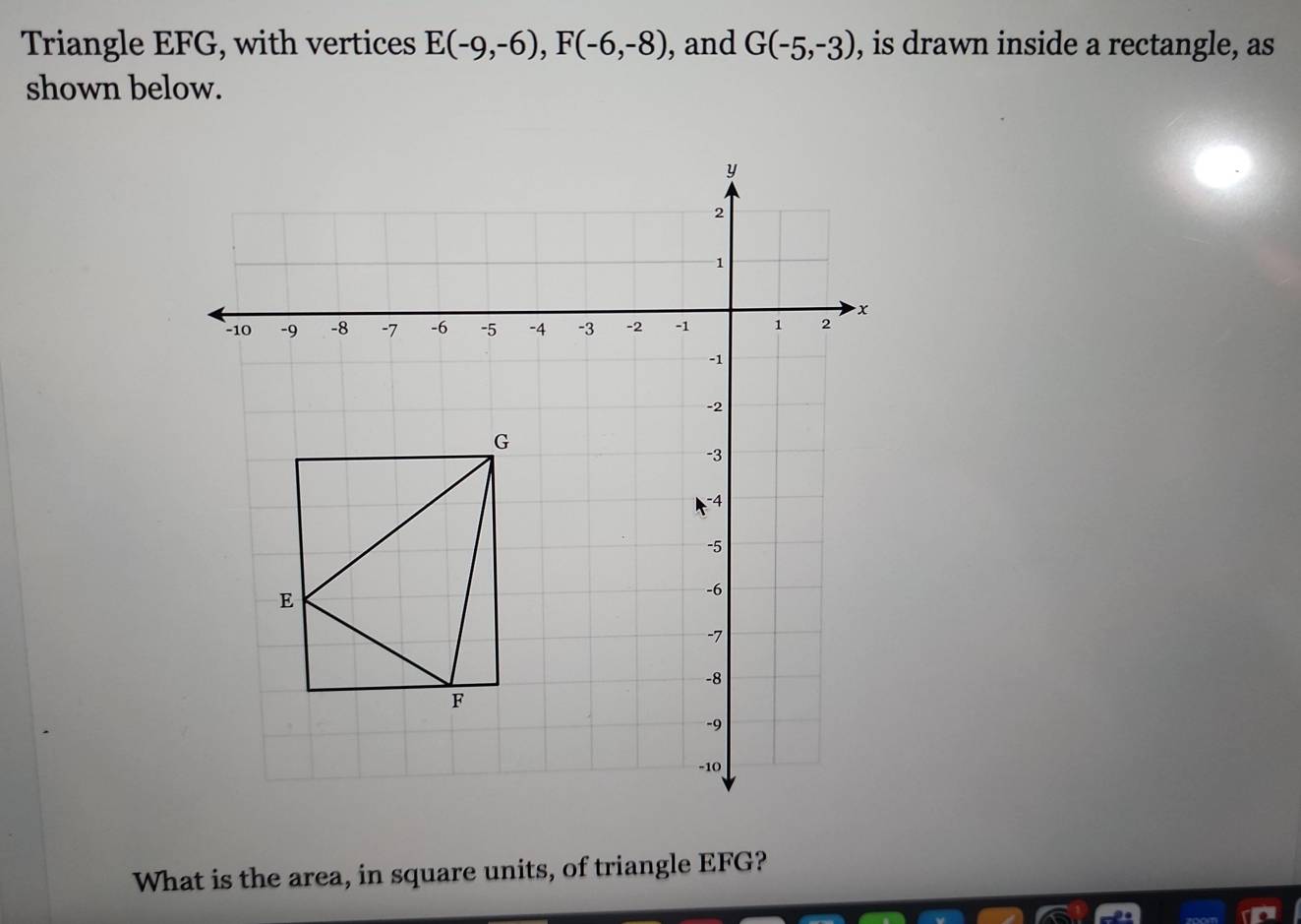 Triangle EFG, with vertices E(-9,-6), F(-6,-8) , and G(-5,-3) , is drawn inside a rectangle, as 
shown below. 
What is the area, in square units, of triangle EFG?