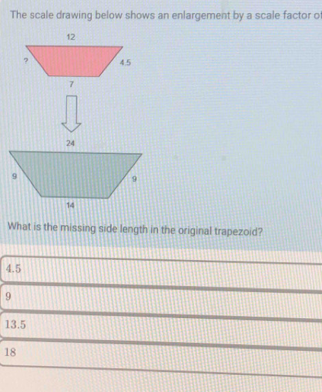 The scale drawing below shows an enlargement by a scale factor of
What is the missing side length in the original trapezoid?
4.5
9
13.5
18