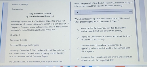 Read the passage. Read paragraph 1 of the draft of Franklin D. Roosevelt's Day of
Text version. linfamy speech and then listen to the audio recording.
a
by Franklin Delano Roosevelt "Day of Infamy" Speech
Following Japar's attack of the Uniled States Naval Base at Why does Roosevelt pause and slow the pace of his speech
Pearl Harbor, Roosevelt delivered a speech to a joint session of when presenting the date, "December 7, 1941"?
Congress. Congress would subsequently issue a declaration of to emphasize the importance of this date and the
war and the Uniled States would enter World War II. terrible tragedy that has befallien the country 
Draft No. 1
December 7, 1943 for the rest of the speech to give his audience time to react and to set the tone 
Proposed Message to Congress to connect with his audience emotionally bry
Yesterday, December 7, 1941, a day which will live in infamy, appearing to become distraught in the opening lines
the United States of America was suddenly and deliberately of the speech
attacked by naval and air forces of Japan to ensure that his audience has time to write down or
The United States, at the moment, was at peace with that otherwise note this important date