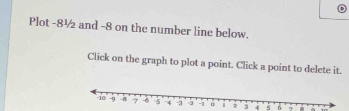 Plot -8½ and -8 on the number line below. 
Click on the graph to plot a point. Click a point to delete it.
3 4 5 6 7 ^