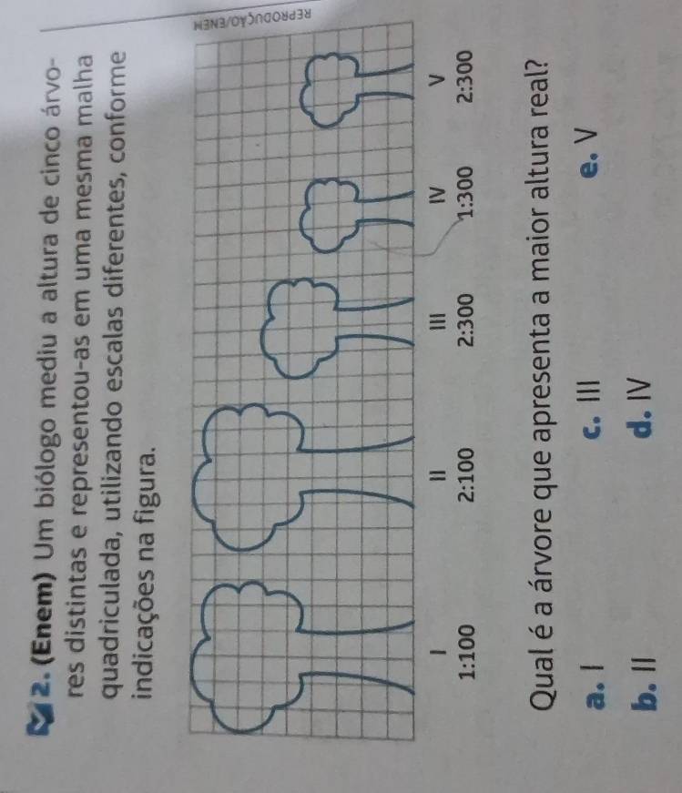 (Enem) Um biólogo mediu a altura de cinco árvo-
res distintas e representou-as em uma mesma malha
quadriculada, utilizando escalas diferentes, conforme
indicações na figura.
Qual é a árvore que apresenta a maior altura real?
a. l c. | e. V
b. || d. Ⅳ