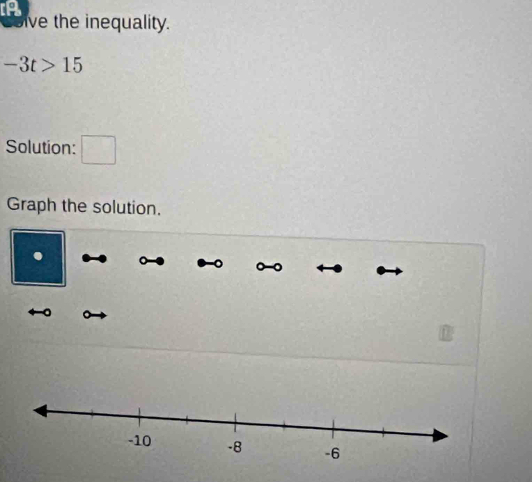 A 
ive the inequality.
-3t>15
Solution: □ 
Graph the solution. 
. 
。