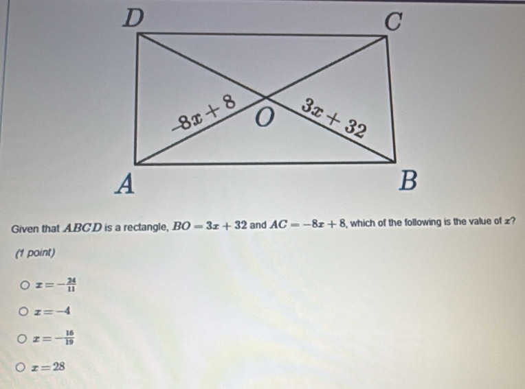 Given that ABCD is a rectangle, 
(1 point)
x=- 24/11 
x=-4
x=- 16/19 
x=28