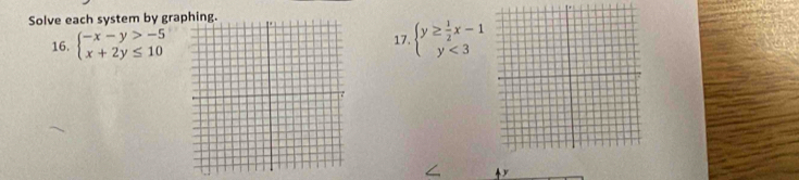 Solve each system by gra
16. beginarrayl -x-y>-5 x+2y≤ 10endarray. beginarrayl y≥  1/2 x-1 y<3endarray.
17.