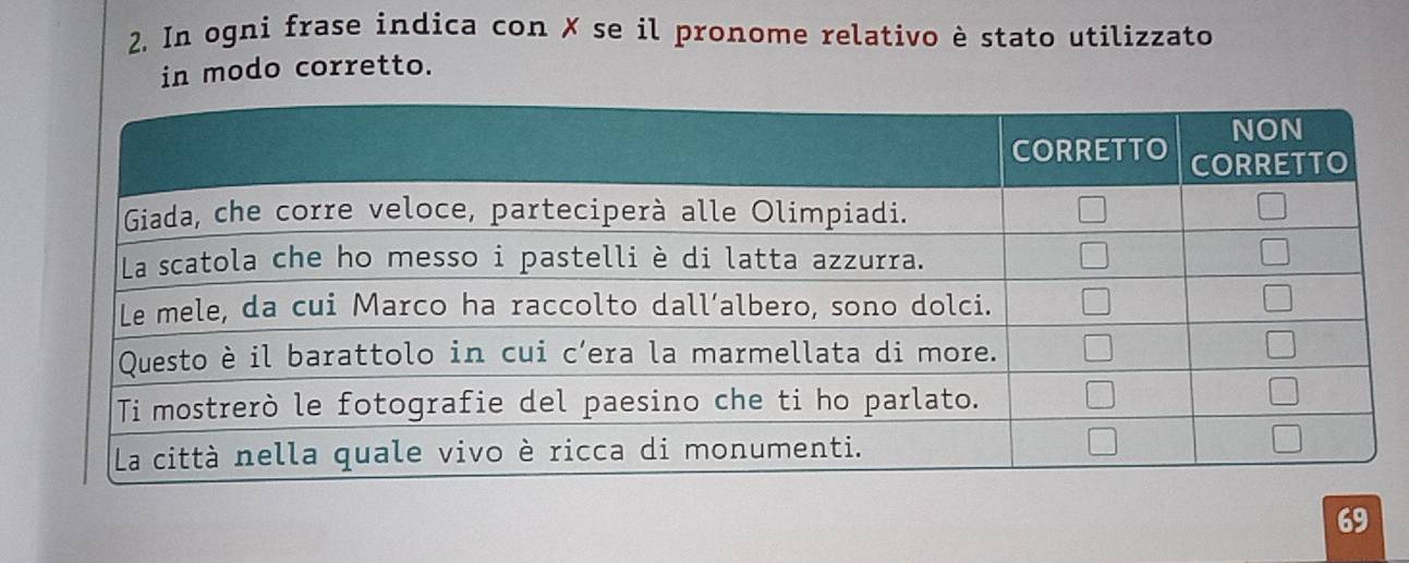 In ogni frase indica con ✗ se il pronome relativo è stato utilizzato
in modo corretto.
a