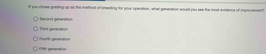 If you chose grading up as the method of breeding for your operation, what generation would you see the most evidence of improvement?
Second generation
Third generation
Fourth generation
Fifth generation