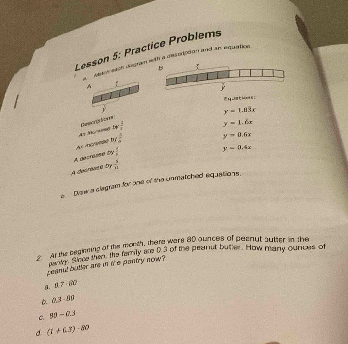 Lesson 5: Practice Problems
a. Match each diagram with a description and an equation
x
A
I
Equations:
I
y
y=1.8overline 3x
 2/3 
An increase by Descriptions:
y=1.overline 6x
An increase by  5/6 
y=0.6x
A decrease by  2/5 
y=0.4x
A decrease by  5/11 
b. Draw a diagram for one of the unmatched equations.
2. At the beginning of the month, there were 80 ounces of peanut butter in the
pantry. Since then, the family ate 0.3 of the peanut butter. How many ounces of
peanut butter are in the pantry now?
a. 0.7· 80
b. 0.3· 80
C. 80-0.3
d. (1+0.3)· 80