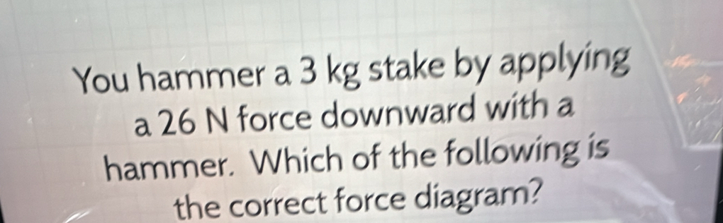 You hammer a 3 kg stake by applying 
a 26 N force downward with a 
hammer. Which of the following is 
the correct force diagram?