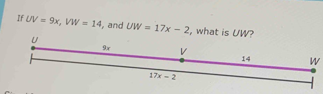 If UV=9x,VW=14 , and UW=17x-2 , what is UW?
W