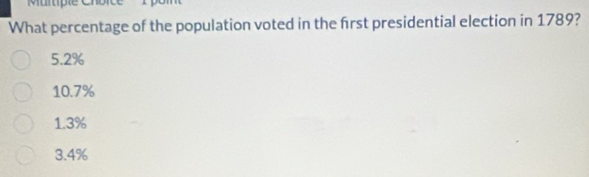 What percentage of the population voted in the frst presidential election in 1789?
5.2%
10.7%
1.3%
3.4%