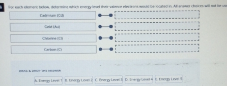 For each element below, determine which energy level their valence electrons would be located in. All answer choices will not be us
Cadmium (Cd)
Gold (Au)
Chlorine (CI)
Carbon (C)
DIRAG & DIROP THE ANSWER
A. Energy Level 1 B. Energy Level 2 C. Energy Level 3 D. Energy Level 4 E. Energy Level S