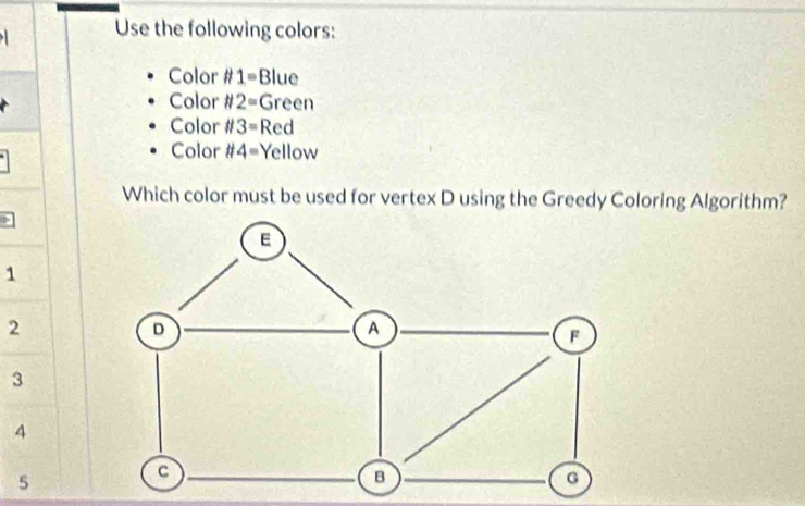 Use the following colors: 
Color # 1= Blue 
Color # 2= Green 
Color # 3= Red 
Color # 4= Yellow 
Which color must be used for vertex D using the Greedy Coloring Algorithm?
1
2
3
4
5