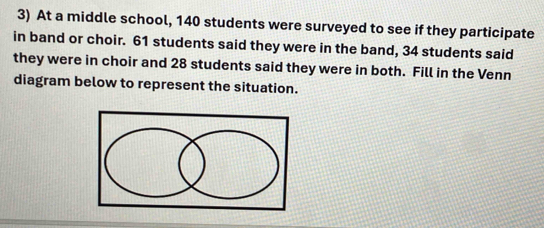 At a middle school, 140 students were surveyed to see if they participate 
in band or choir. 61 students said they were in the band, 34 students said 
they were in choir and 28 students said they were in both. Fill in the Venn 
diagram below to represent the situation.