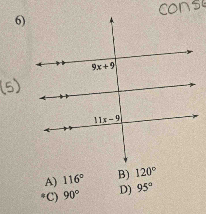 A) 116°
B) 120°
C) 90°
D) 95°