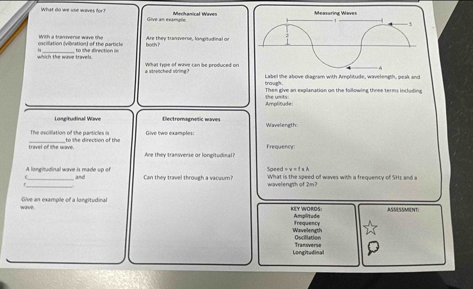 What do we use waves for? Mechanical Waves
Give an example.
With a transverse wave the Are they transverse, longitudinal or
oscillation (vibration) of the particle both?
is_ to the direction in
which the wave travels.
What type of wave can be produced on
a stretched string? Label the above diagram with Amplitude, wavelength, peak and
trough.
Then give an explanation on the following three terms including
the units:
Amplitude:
Longitudinal Wave Electromagnetic waves
Wavelength:
The oscillation of the particles is Give two examples:
_to the direction of the
travel of the wave. Frequency:
Are they transverse or longitudinal?
A longitudinal wave is made up of Speed =v=f* lambda
_and Can they travel through a vacuum? What is the speed of waves with a frequency of SHz and a
r_ wavelength of 2m?
Give an example of a longitudinal
wave. KEY WORDS: ASSESSMENT:
Amplitude
Frequency
Wavelength
Oscillation
Transverse
Longitudinal