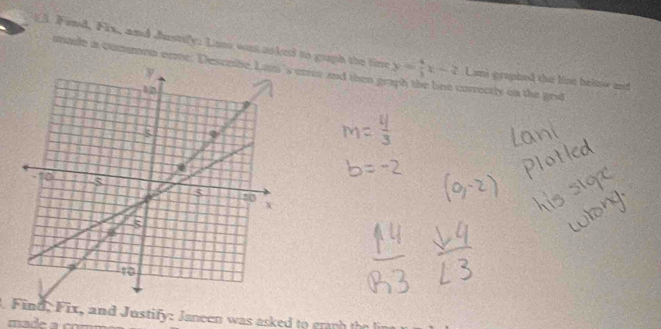 E3. Find, Fix, and Justi 7.1 Lane waas asked to graph the line y= 4/3 x-2 Lam graphed the line below and 
made a comen orme: Dearee and then gr 
correctly on the grid . 
F ind , F ix, and Justify: Janeen was asked t g th 
m a de co