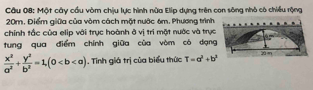 Một cây cầu vòm chịu lực hình nửa Elip dựng trên con sông nhỏ có chiều rộng
20m. Điểm giữa của vòm cách mặt nước 6m. Phương trình
chính tắc của elip với trục hoành ở vị trí mặt nước và trục
tung qua điểm chính giữa của vòm có dạng
 x^2/a^2 + y^2/b^2 =1, (0. Tính giá trị của biểu thức T=a^2+b^2