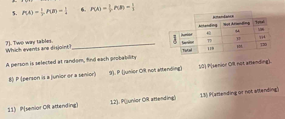 P(A)= 1/3 , P(B)= 1/4  6. P(A)= 2/3 , P(B)= 1/5 
7). Two way tables. _ 
Which events are disjoint? 
A person is selected at random, find each probability 
8) P (person is a junior or a senior) 9). P (junior OR not attending) 10) P(senior OR not attending). 
11) P(senior OR attending) 12). P(junior OR attending) 13) P(attending or not attending)