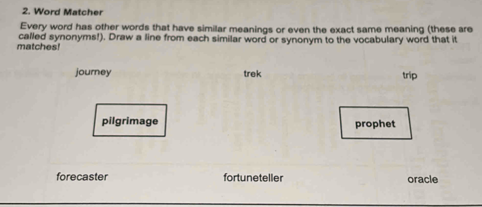 Word Matcher
Every word has other words that have similar meanings or even the exact same meaning (these are
called synonyms!). Draw a line from each similar word or synonym to the vocabulary word that it
matches!
journey trek trip
pilgrimage prophet
forecaster fortuneteller oracle