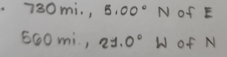 7 30mi, 5,00°N of E
560mi, 21.0° W of N